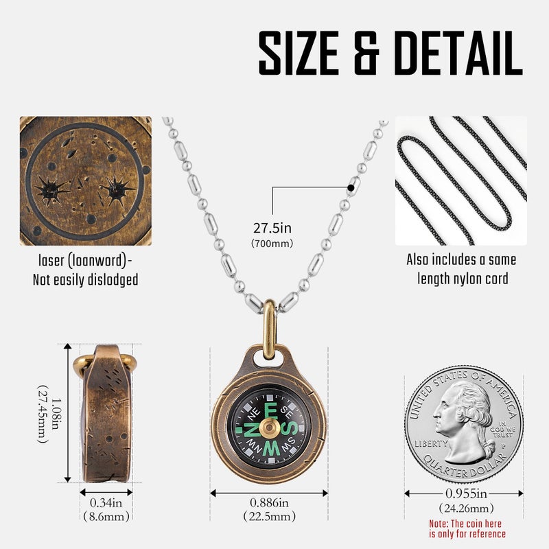 MecArmy CMP Handmade Brass Mini Compass, Pocket Compass Hiking Survival, Small IPX5 Waterproof, Glow-in-The-Dark, Compact, Necklace Pendant, Keychain & Lanyard Mount, Ideal Gift for Women Men - Image 3